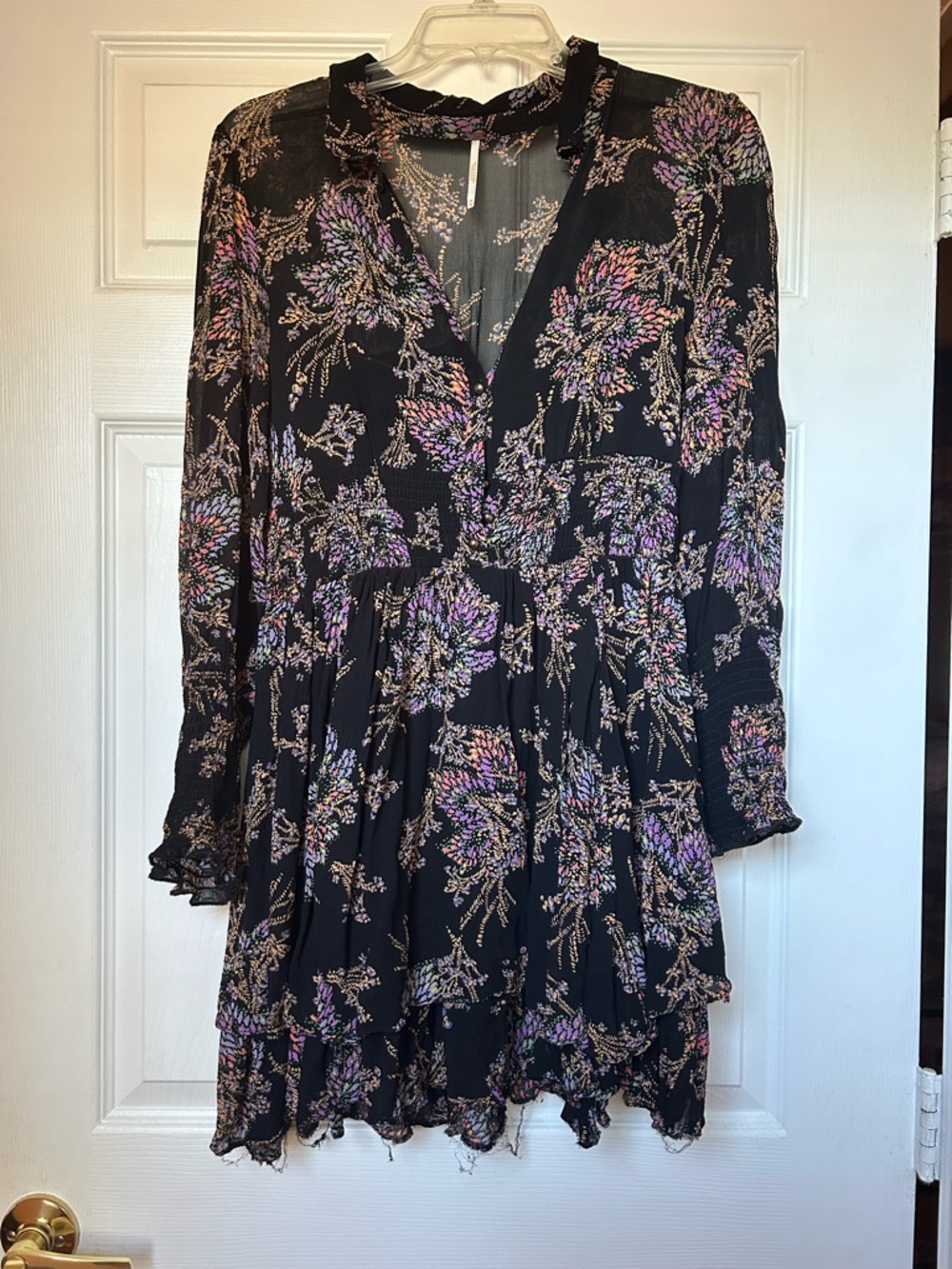 Floral Ruffle V-Neck Mini Dress in Black with Purple Accents